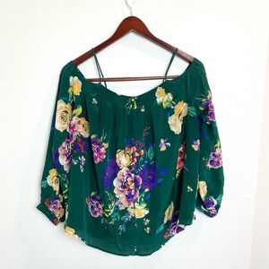 Maeve Tallie Green 100% Silk Floral Open Shoulder Top Emerald Green Feminine Med